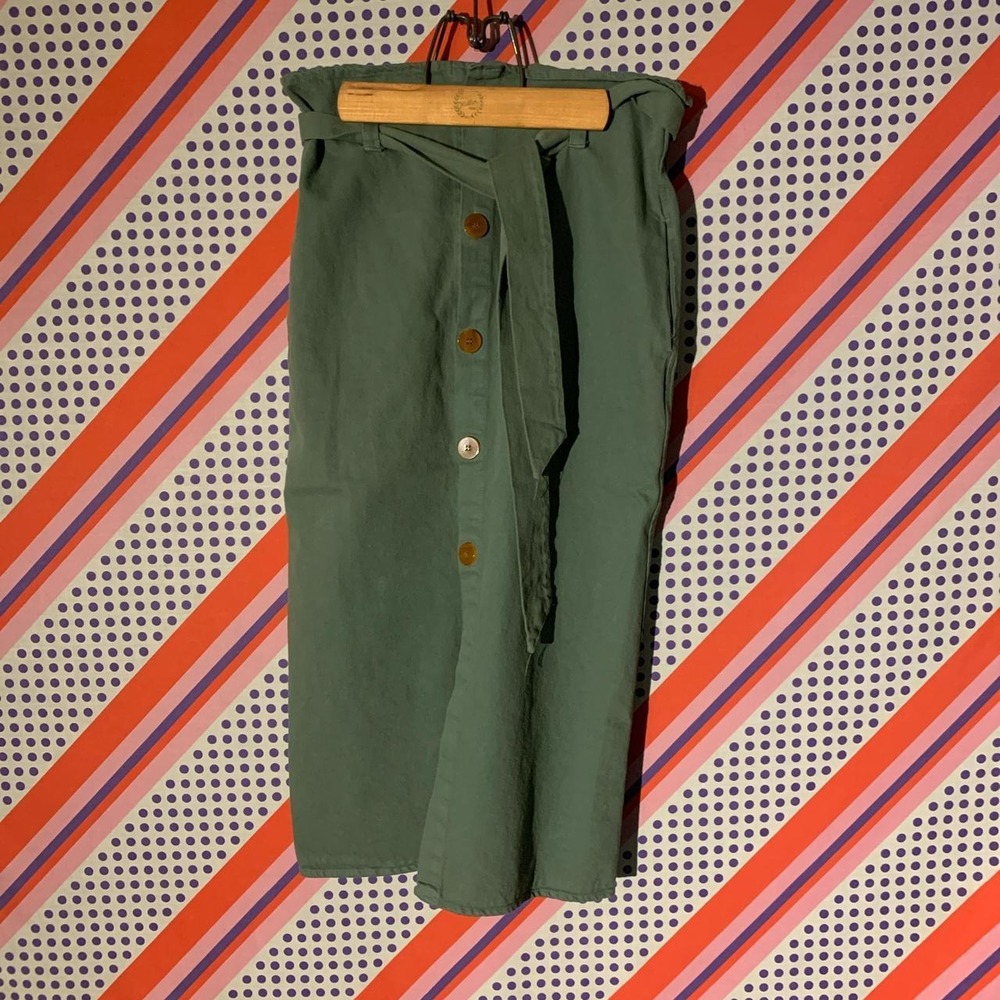 Zara TRF Green Denim Button Front Midi Skirt with Pockets Size Small
